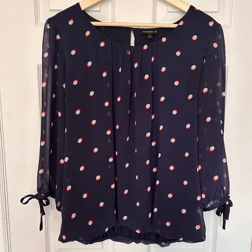Tamara H. Navy with poke dots, long sleeve blouse, size XL